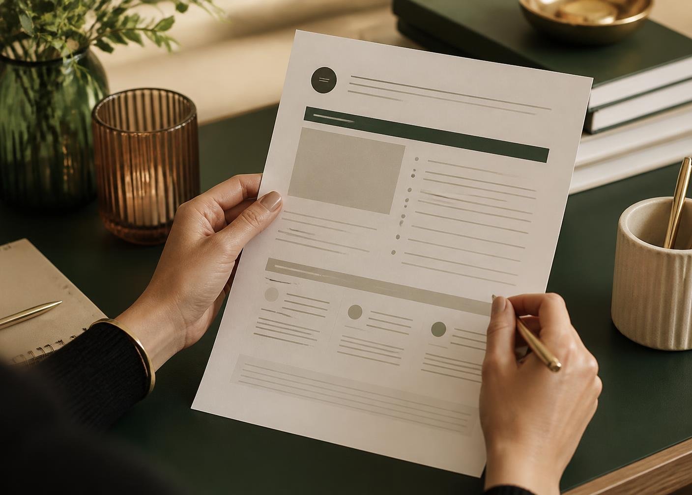 A printed content brief being reviewed